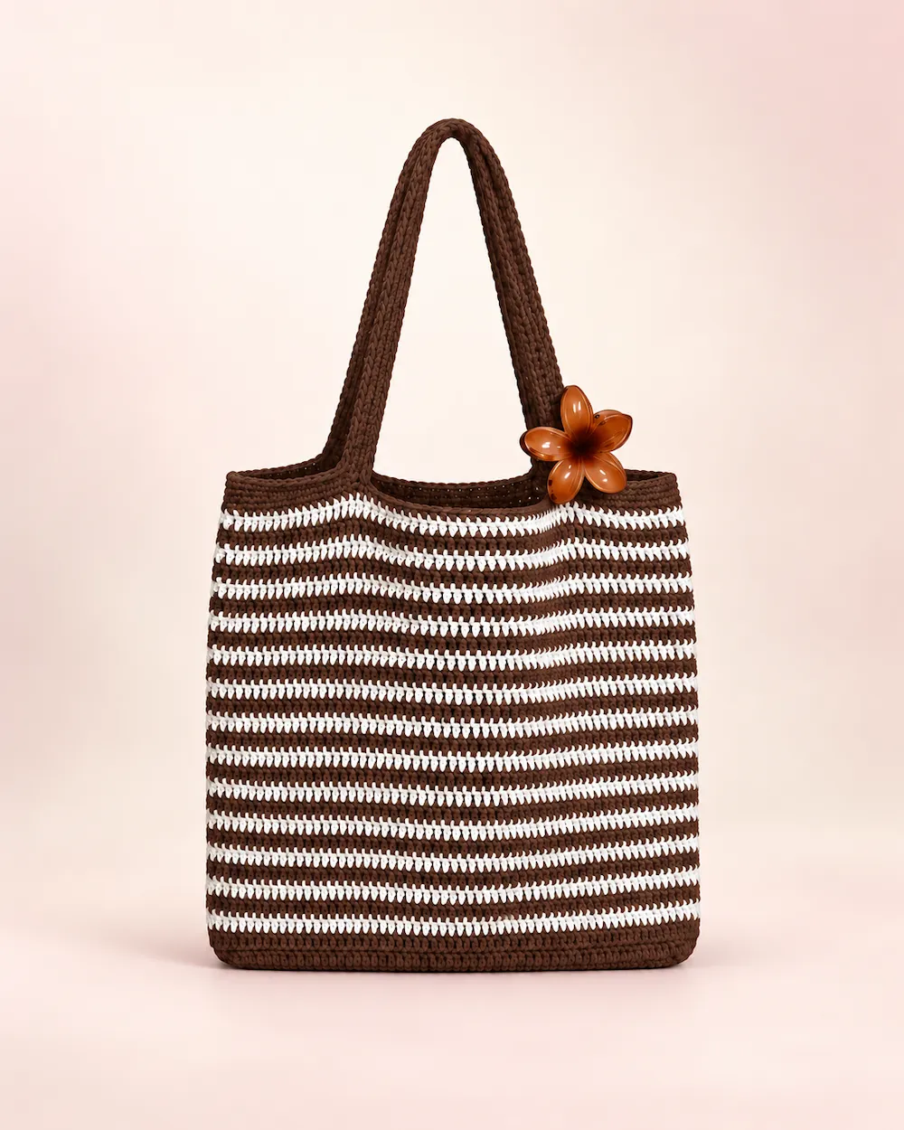 Summer Stripe Daisy Tote Bag in Choco Brown & White